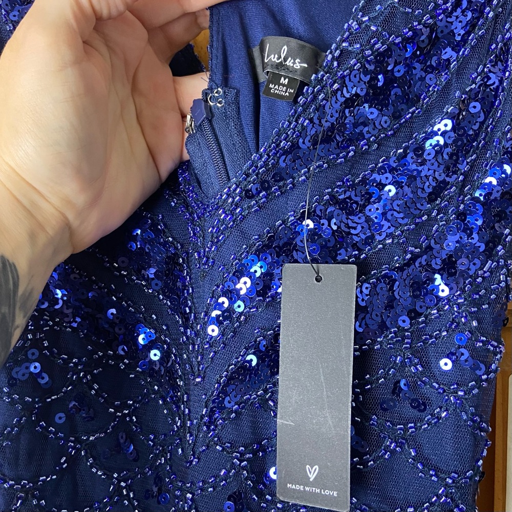 Lulus NWT Sparkling Flair Navy Blue Sequin Beaded Fringe Mini Dress M Glam Party - Picture 6 of 7